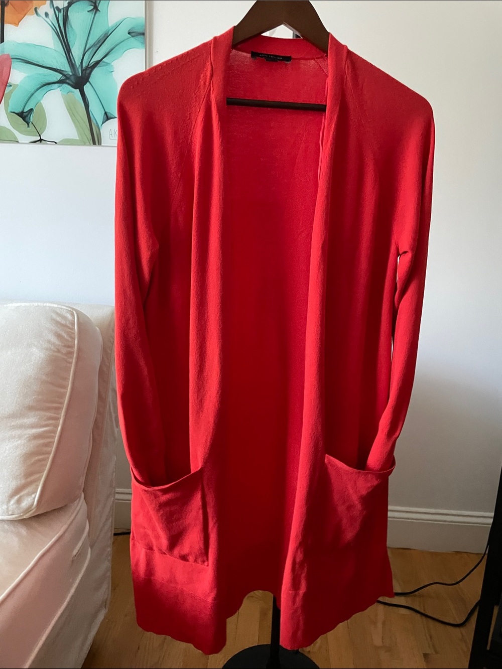 Ann Taylor Red Open-Front Long Cardigan